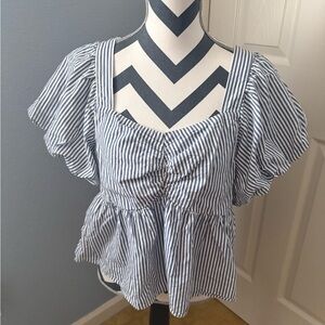 Old Navy Blue and White Striped Blouse with Ruffle Sleeves